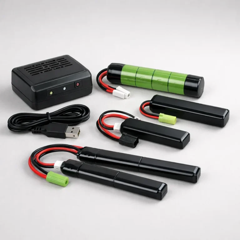 Generic airsoft batteries with a charger on a neutral background