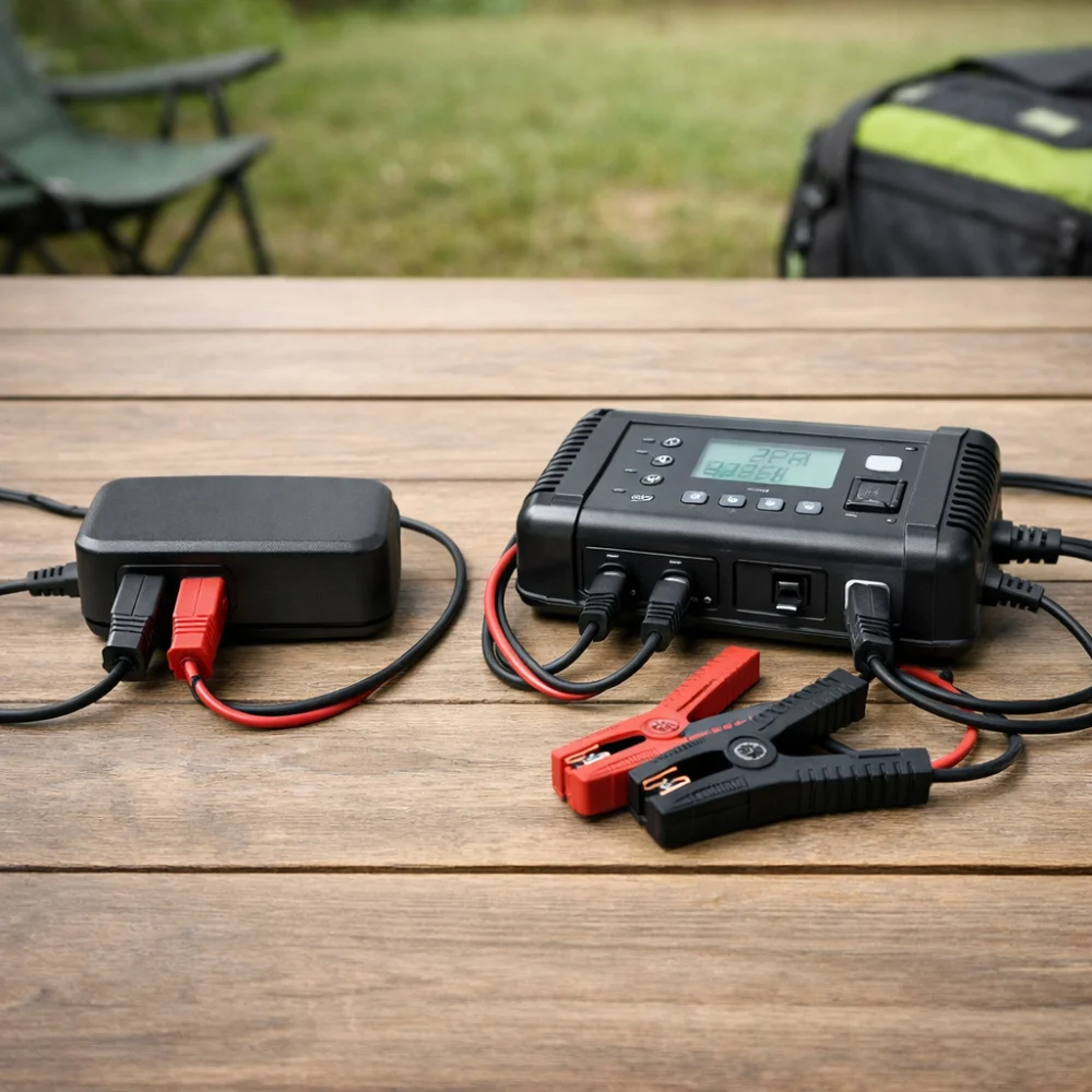 Two generic airsoft battery chargers shown side by side