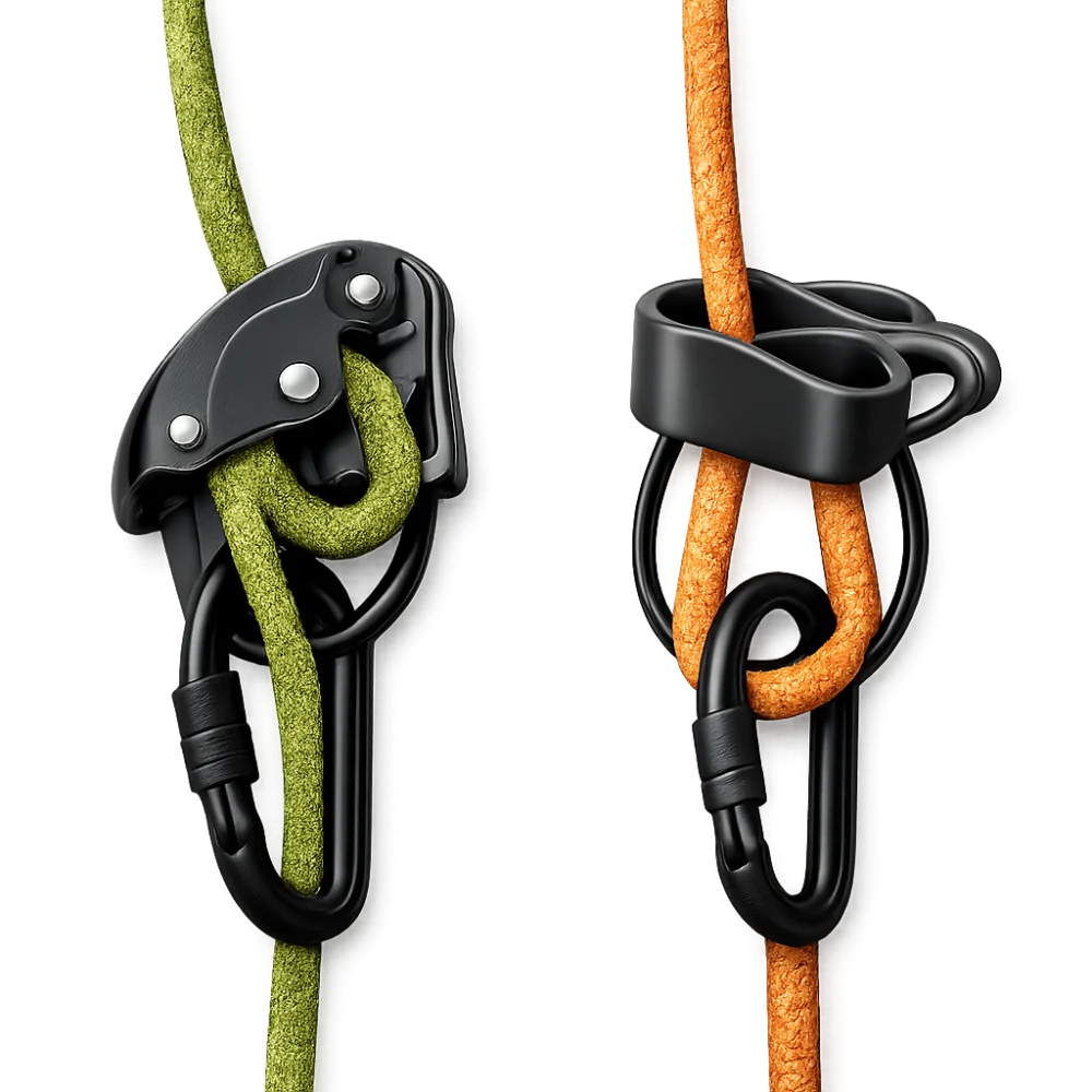 Two generic belay devices shown side by side to suggest different rope handling styles.