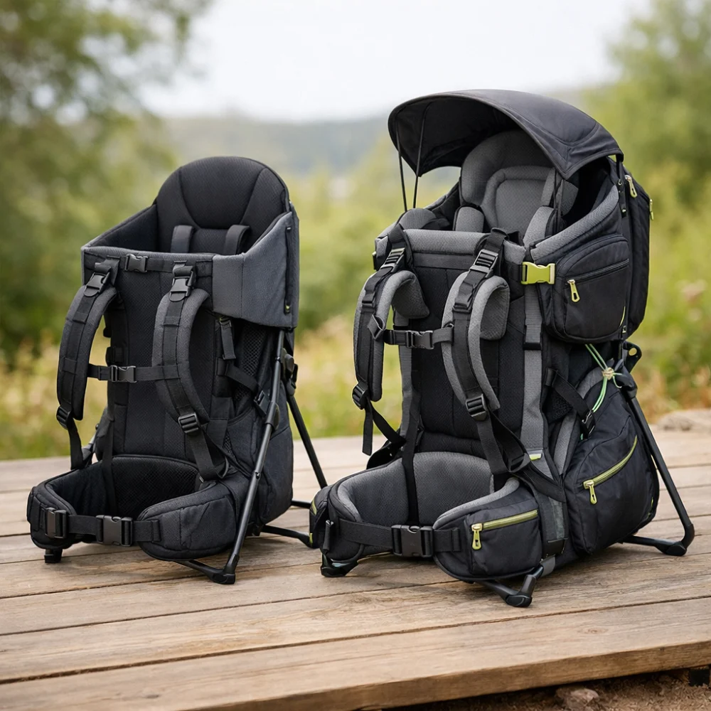 Two styles of backpack child carrier shown for comparison