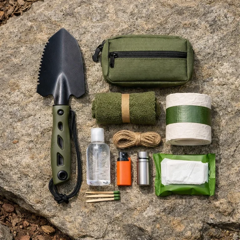 A backpacking trowel arranged with simple trail gear on a neutral surface.