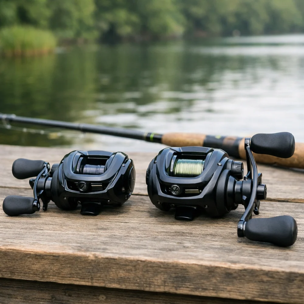Two generic baitcasting reel silhouettes shown for comparison