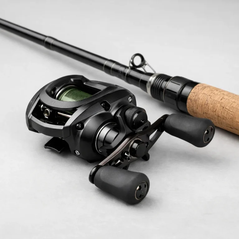 A baitcasting reel beside a fishing rod on a neutral background