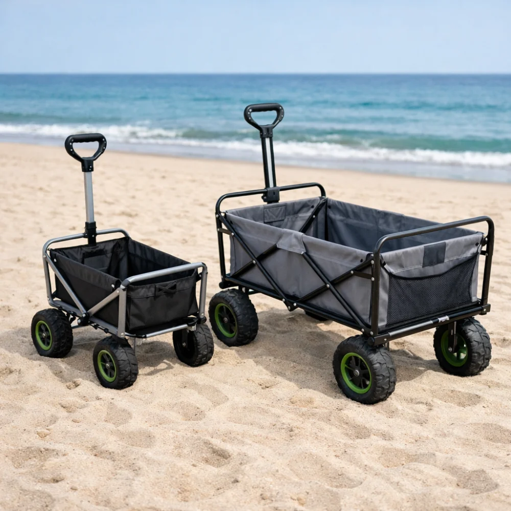 Two generic beach cart styles side by side on sand