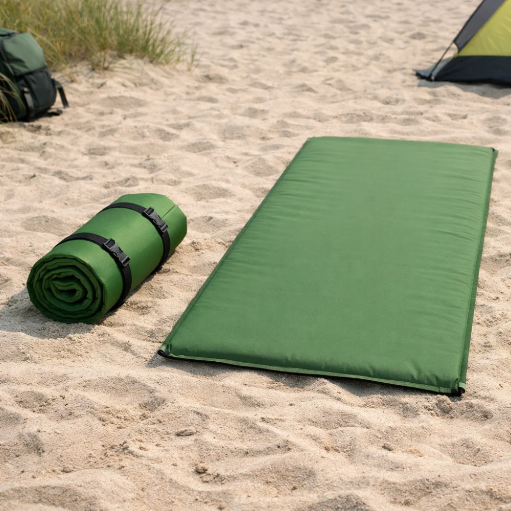 Two beach mats showing compact and larger styles on sand