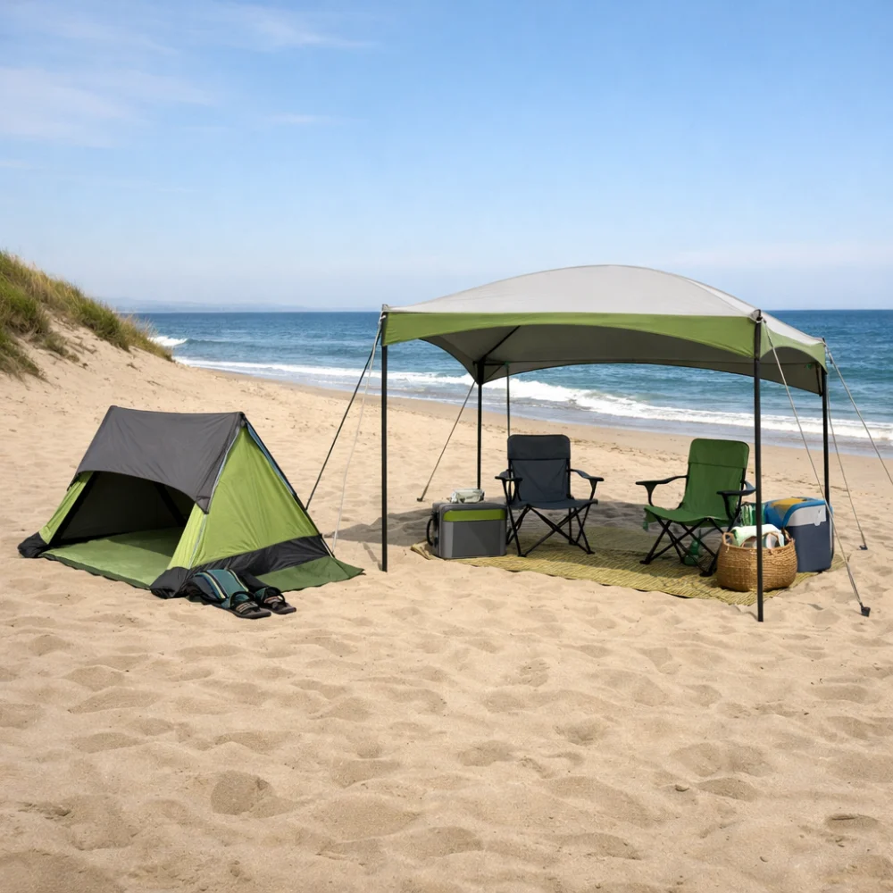 Two different beach sunshade styles shown side by side