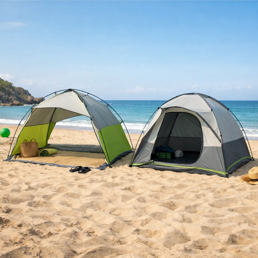 Two beach tent styles shown side by side for comparison.