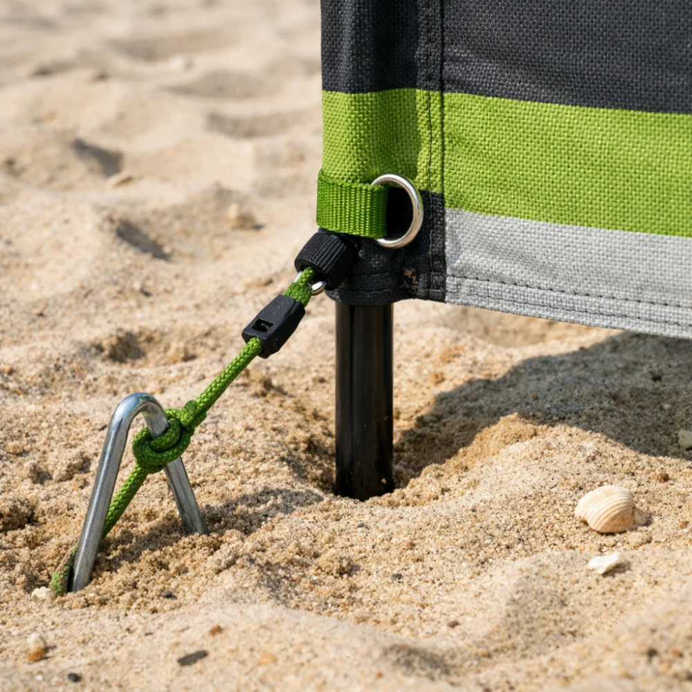 Beach windbreak anchored in sand