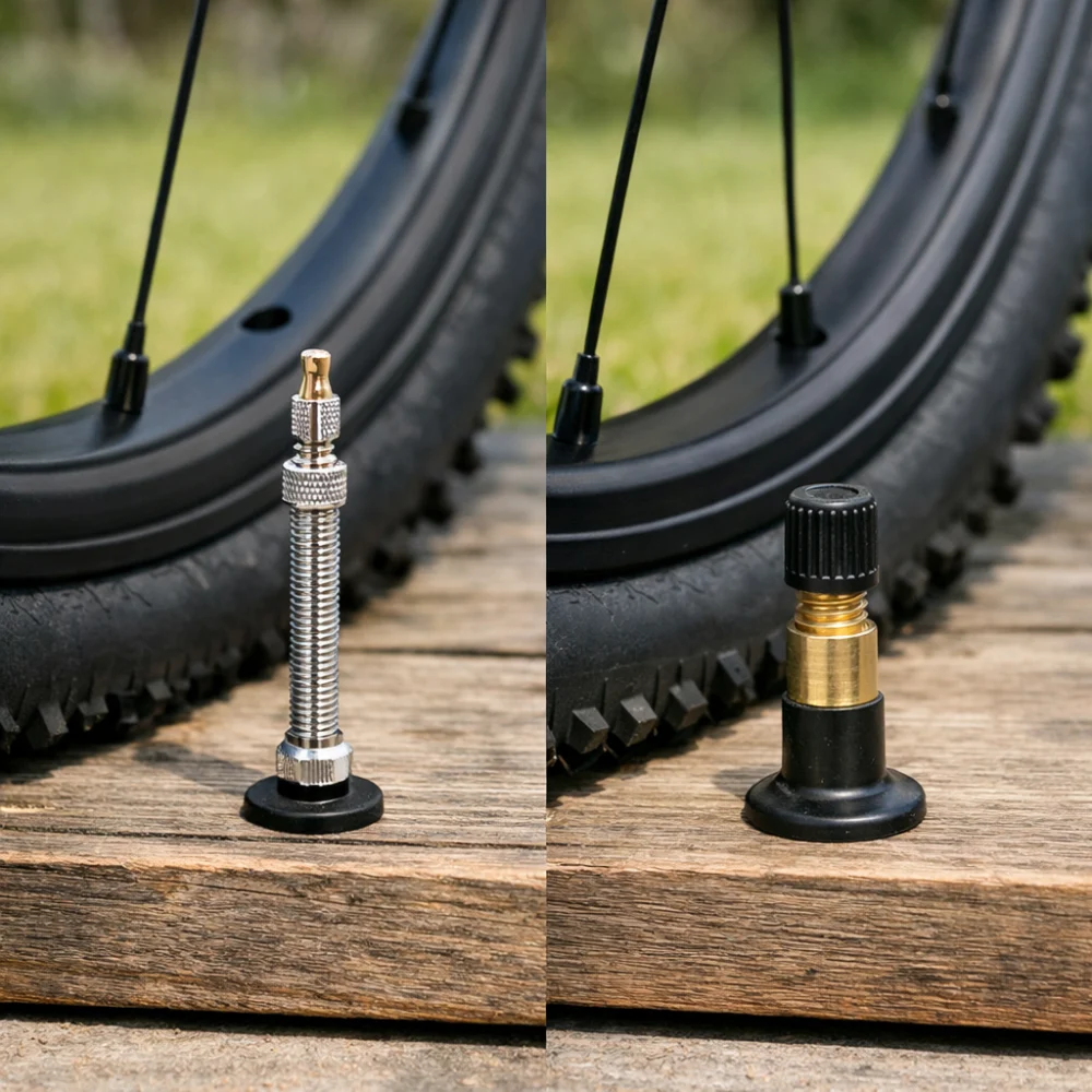 Two unbranded bicycle valve styles beside a bicycle rim for compatibility comparison.