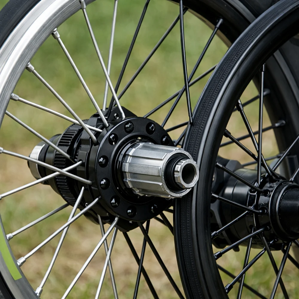 Close-up of a generic bicycle wheel showing hub, spokes and rim