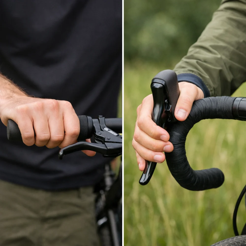 Close-up comparison of a flat bar grip and a drop bar wrapped with tape
