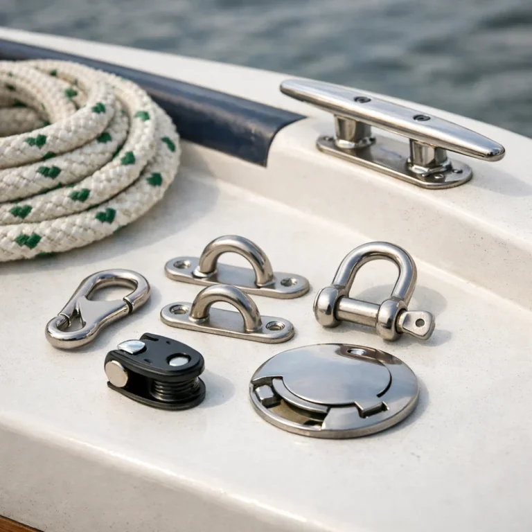 Boat fittings arranged beside rope on a plain surface