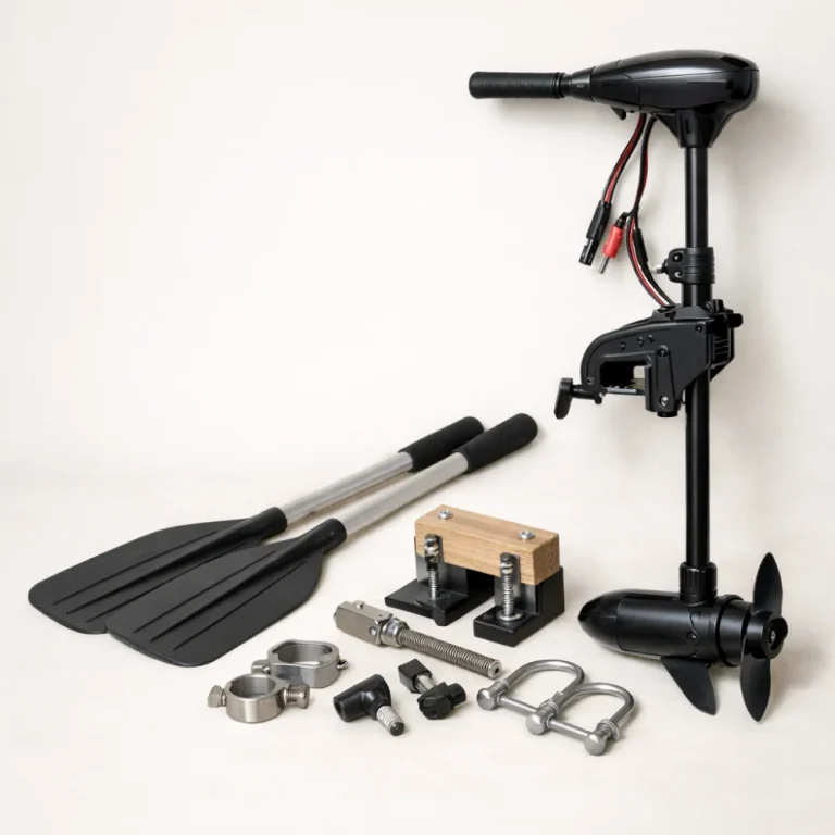 Boat propulsion equipment including a trolling motor, propeller and oars