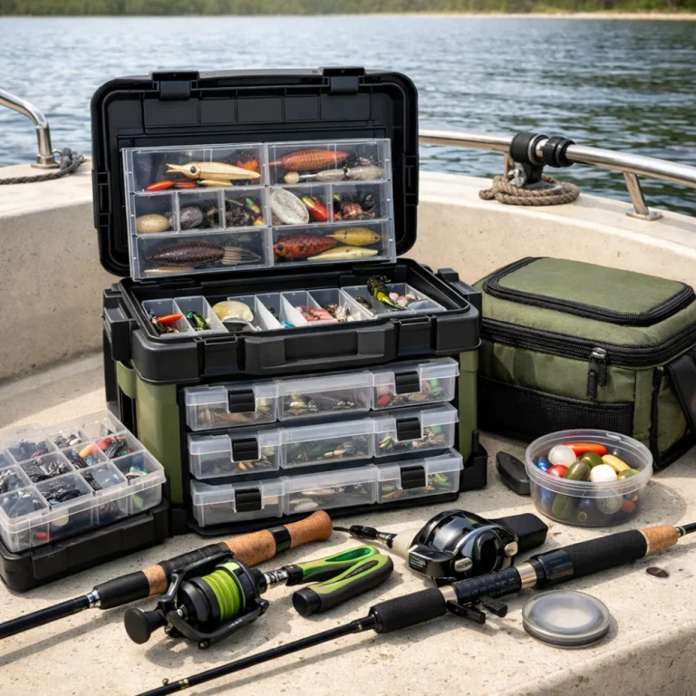 Organised boat tackle storage on a fishing boat deck