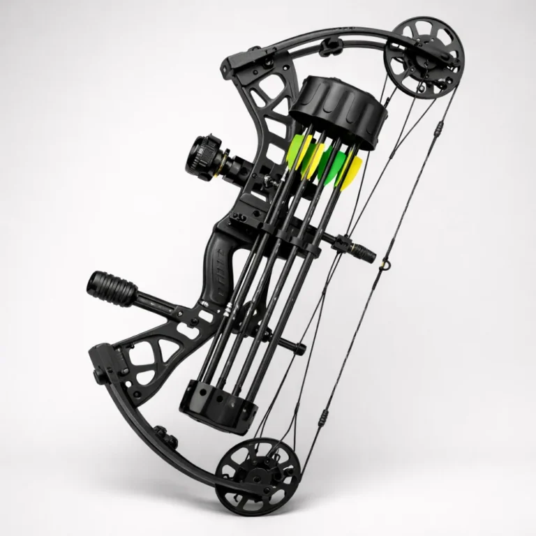A bow with a mounted quiver holding arrows on a neutral background.