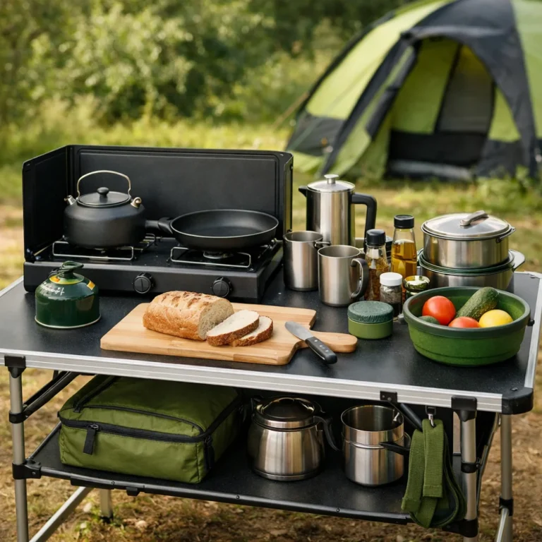 A camp kitchen table set up outdoors with cooking items arranged neatly