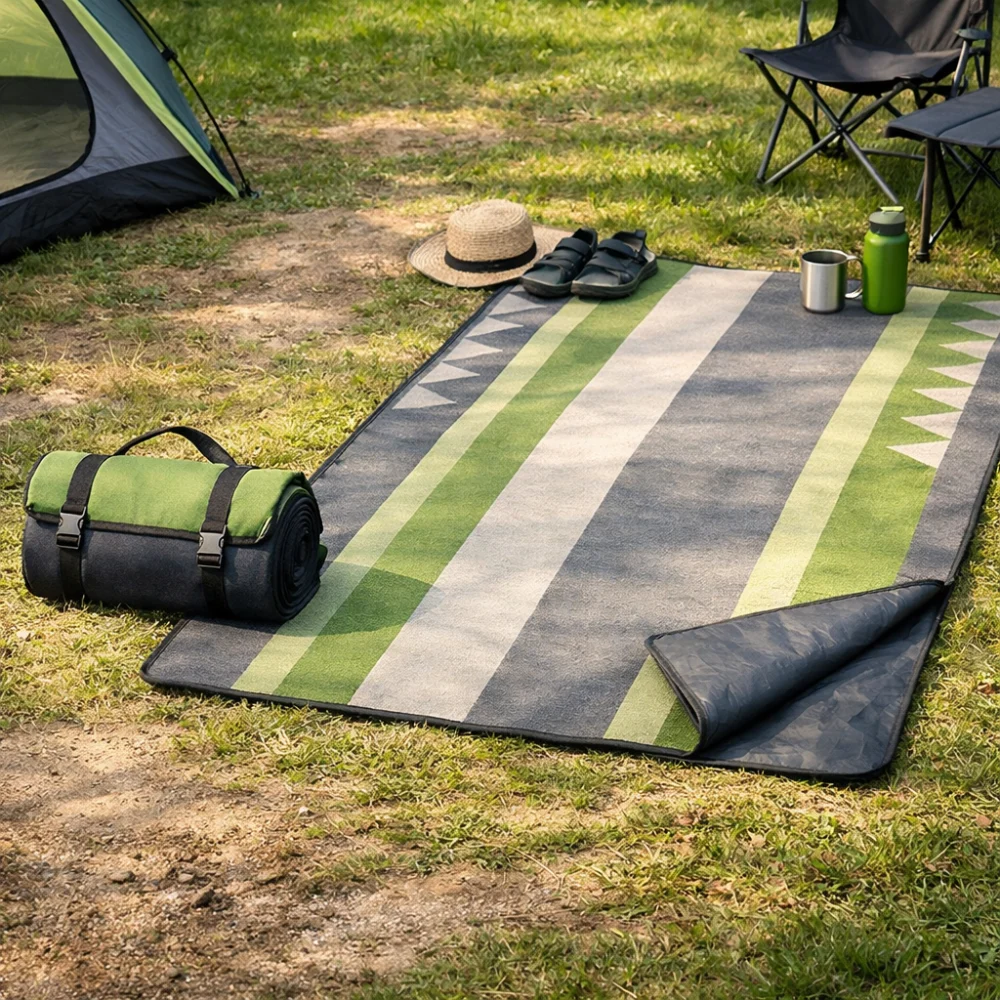 Comparison of a folded camping rug and a larger camping rug laid out