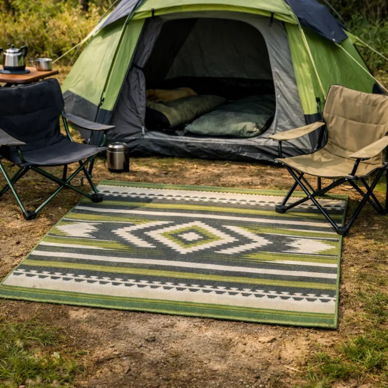 Camping rug laid beside a tent entrance in a campsite setting