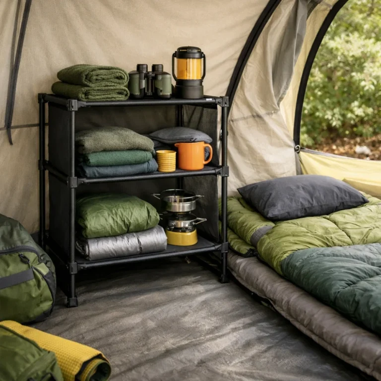 A campsite storage shelf holding folded camping essentials inside a tent