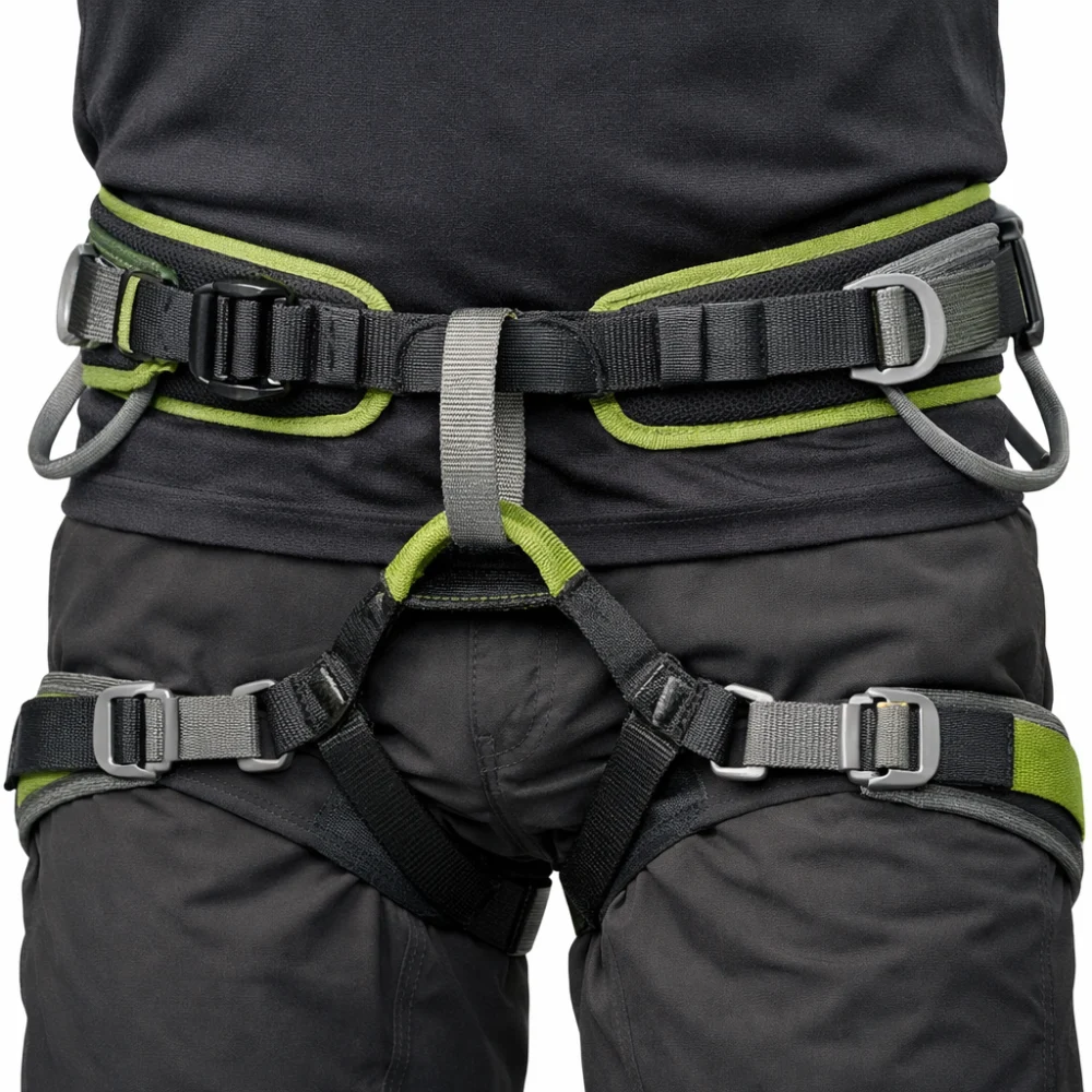 Close-up of a caving harness showing fit and adjustment points