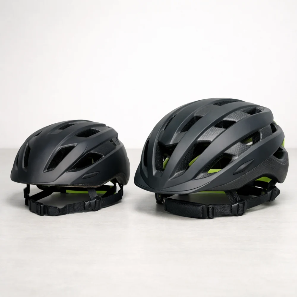 Two generic caving helmet styles shown side by side for comparison