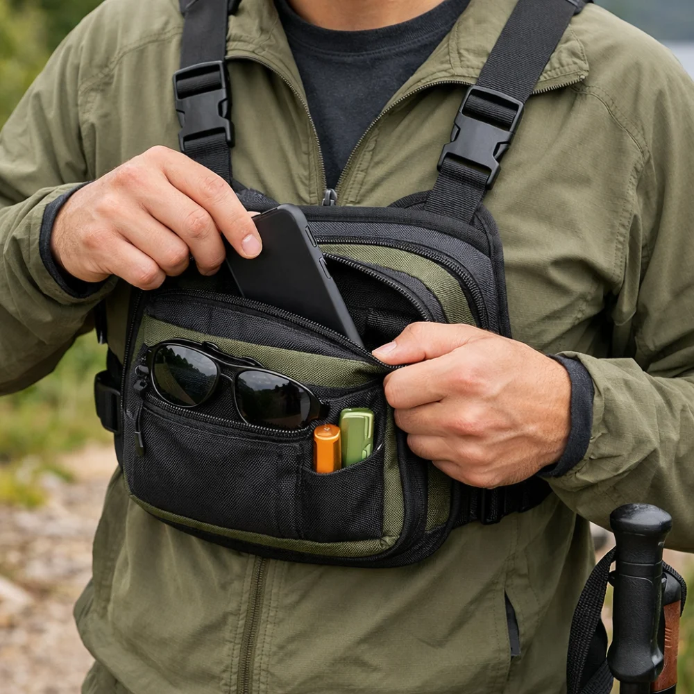 A person wearing a chest pack on the front of the body