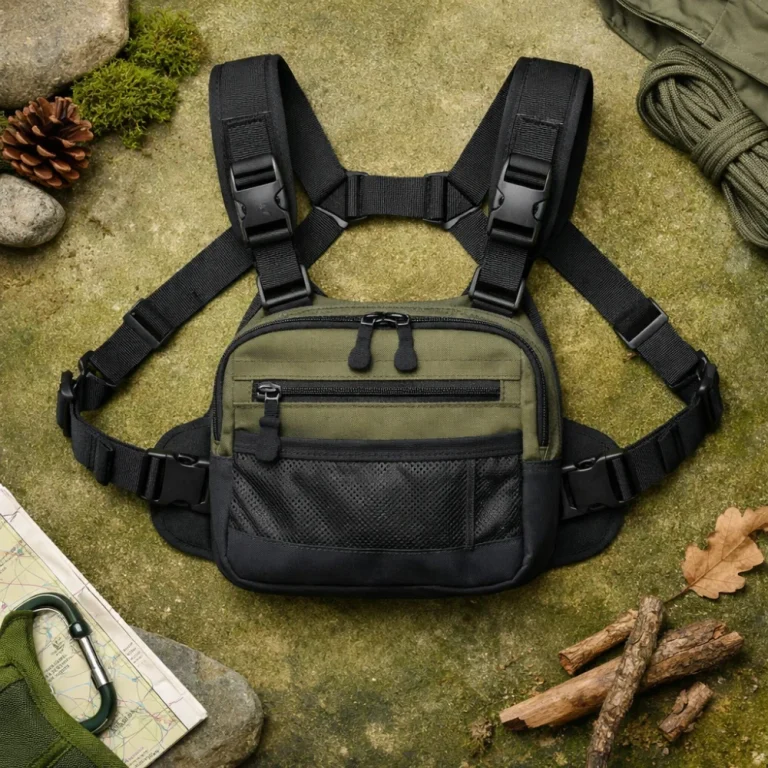 A generic chest pack laid out on a plain background