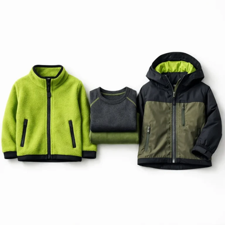 Child-sized outdoor fleece laid flat with layered clothing for comparison