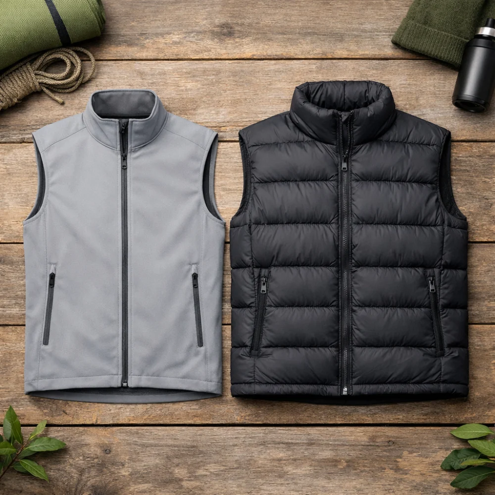 Two children's gilet styles shown for comparison of lighter and warmer options