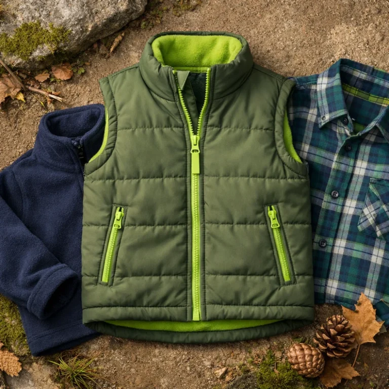 Children's outdoor gilet shown as a simple layering-focused product concept