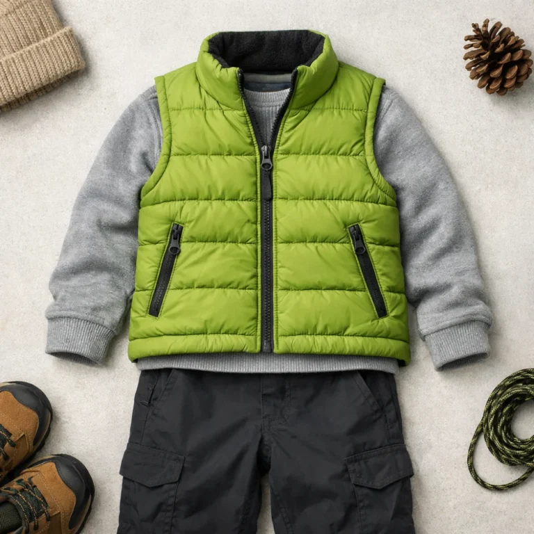 Children's insulated gilet laid flat with simple layered clothing