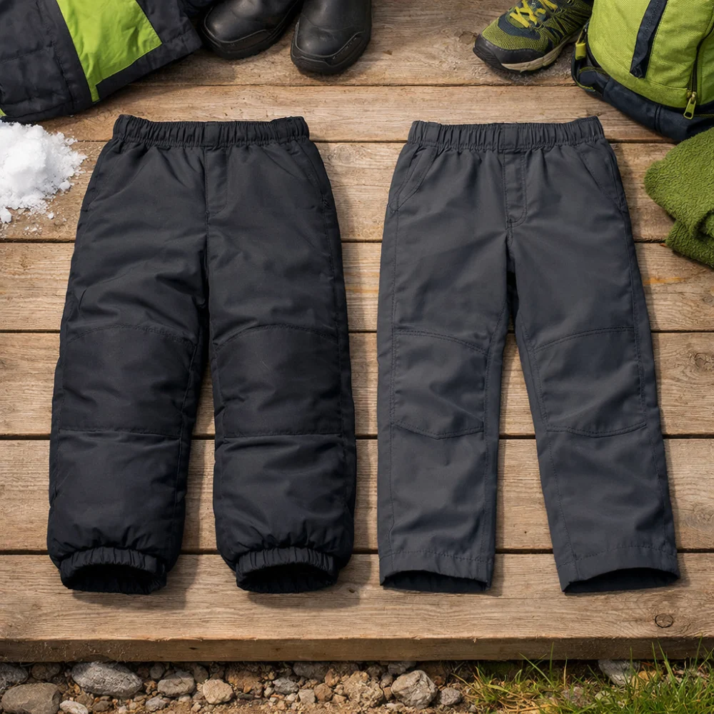 Two generic children's outdoor trousers shown side by side to compare heavier and lighter styles.