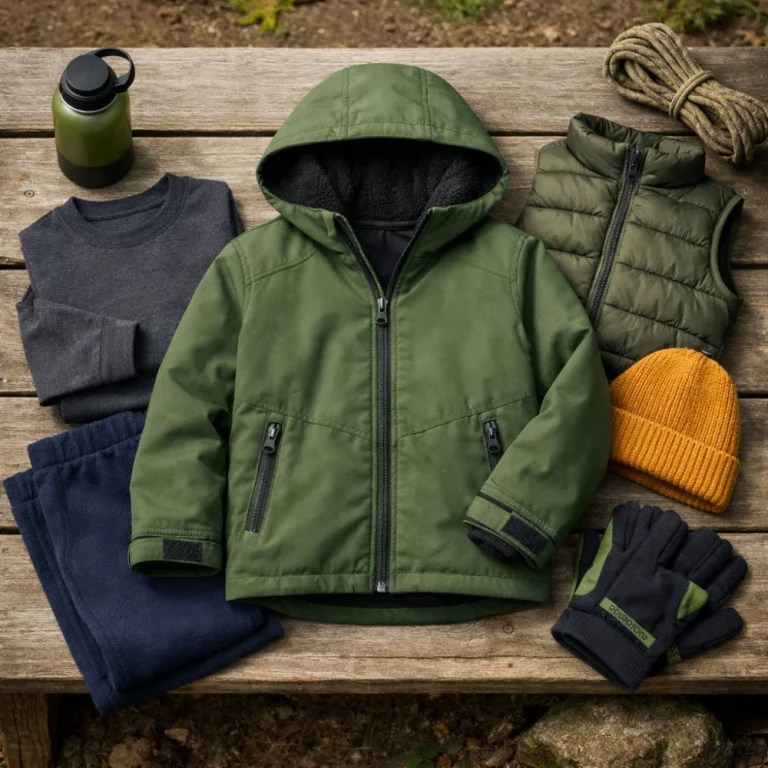 Child-sized outdoor hoodie laid out with simple outdoor layers