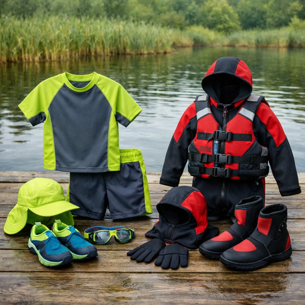 Two styles of childrens paddlesports clothing shown side by side for comparison.