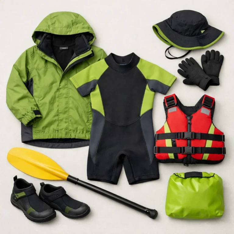 Childrens paddlesports clothing laid out as a simple layered outfit for water activities.