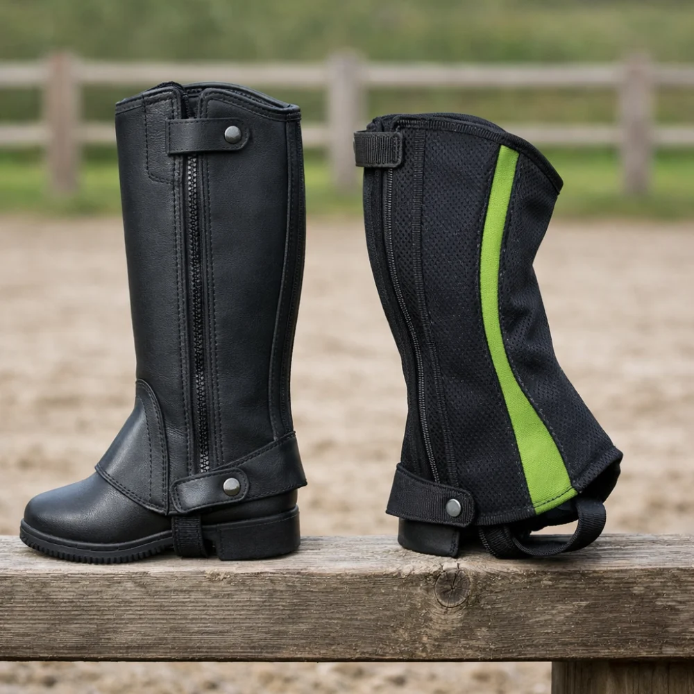 Two styles of children's riding chaps shown side by side for comparison.