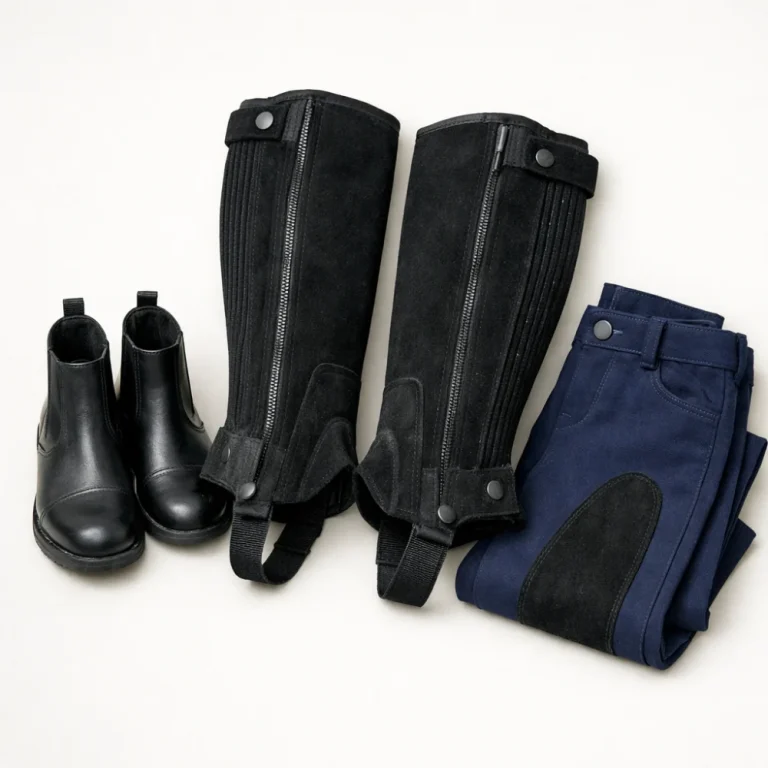 Children's riding chaps arranged with riding boots and jodhpurs on a neutral background.