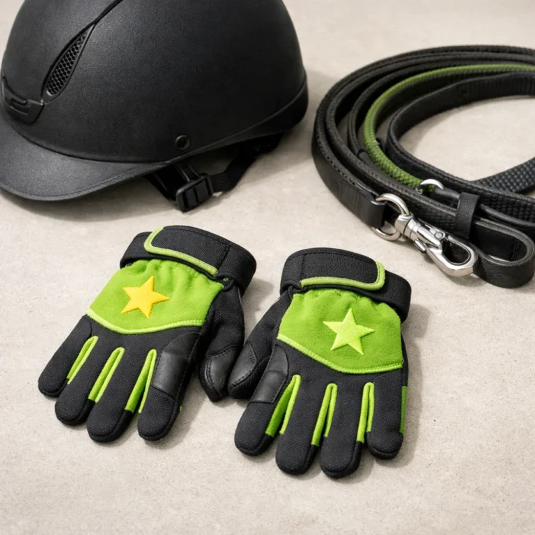 Children's riding gloves laid out with riding gear on a neutral background