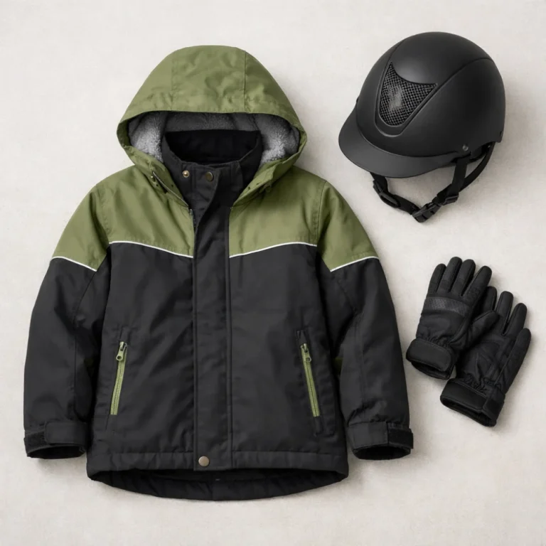 Children's riding jacket and coat styled with riding accessories on a neutral background.
