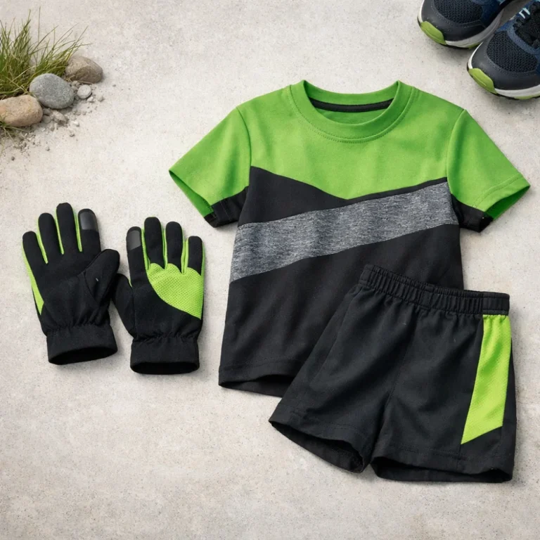 A pair of children's running gloves displayed with simple running clothing on a neutral background.