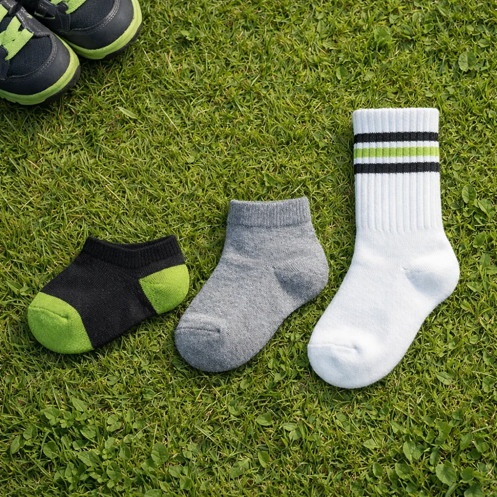 Three plain children's sock lengths arranged side by side for comparison.