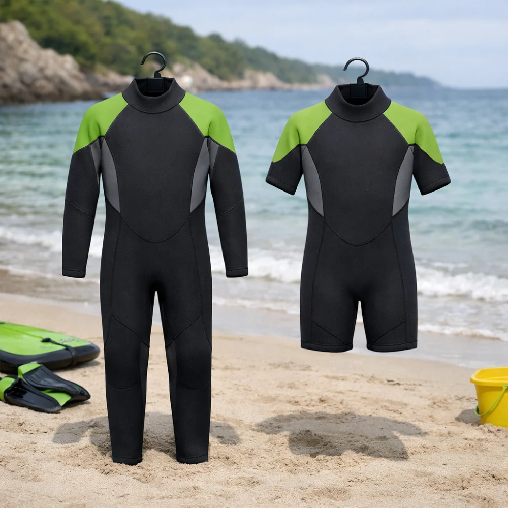 Two child wetsuit silhouettes comparing longer and shorter coverage