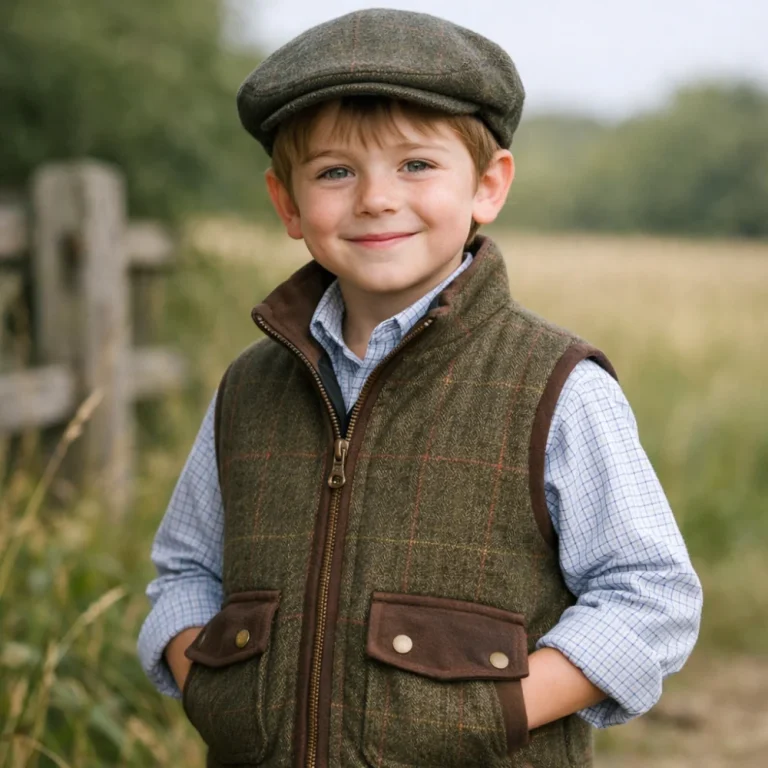 Child wearing a tweed gilet outdoors in a country setting.