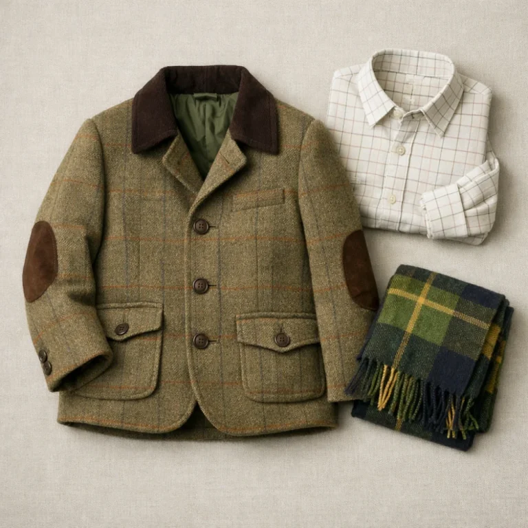 Children’s tweed jacket flat lay with country clothing accessories