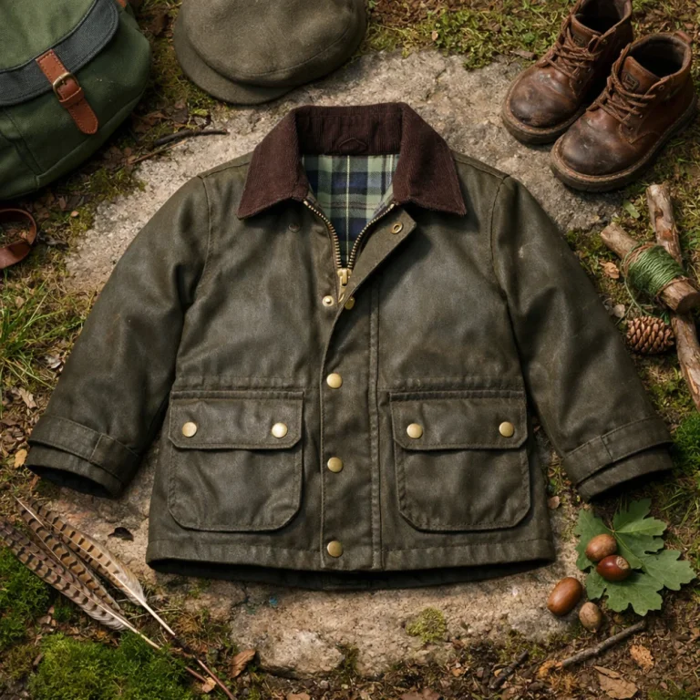 A children's wax jacket presented as a simple flat lay in an outdoor-inspired setting.