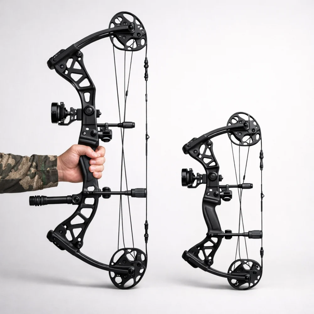 Two generic compound bows shown side by side to illustrate size and handling differences