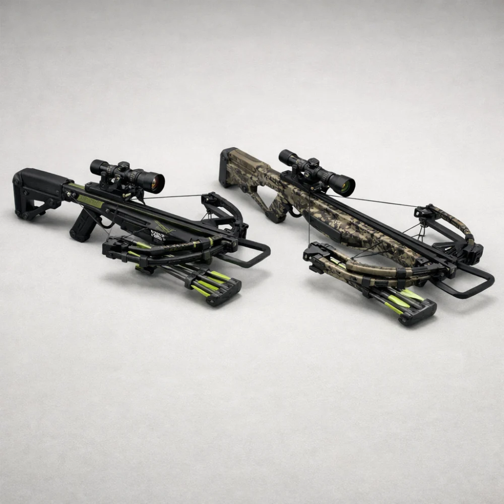 Two crossbows with different shapes shown side by side on a plain background.