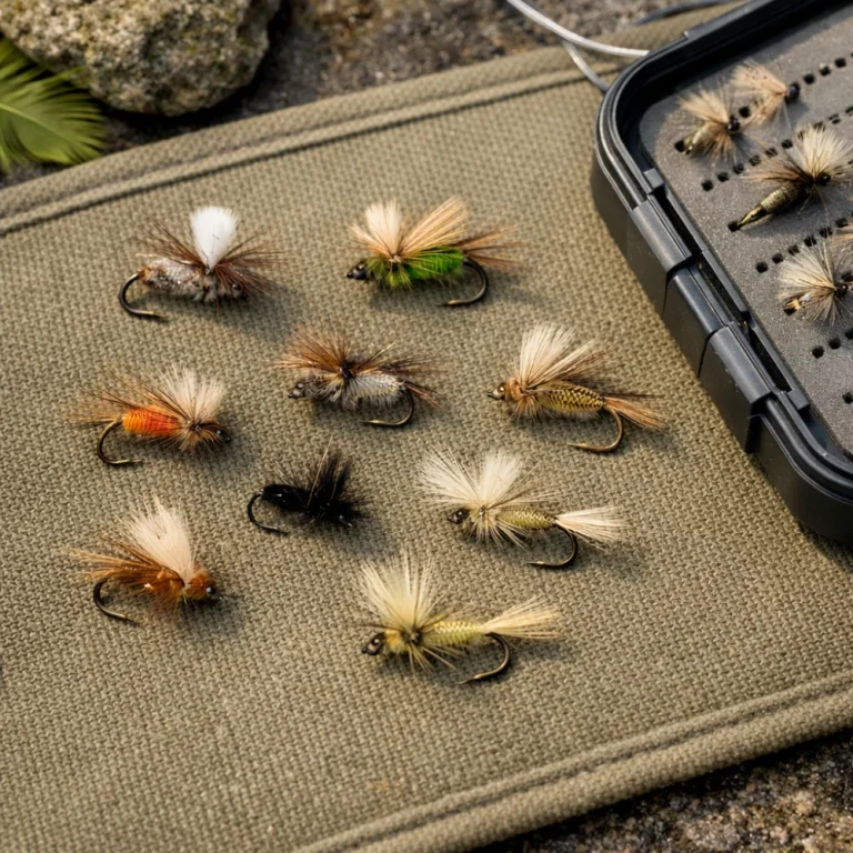 Assorted dry flies arranged beside a fly box on a neutral surface