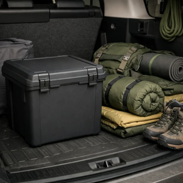 A plain dry storage box used for organised outdoor gear storage