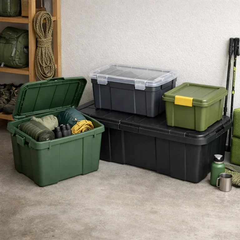 Assorted equipment storage bins arranged neatly in a storage space.